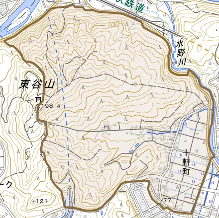 十軒町とその周辺の地図。町の範囲を重ねている