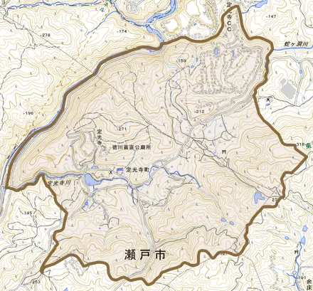 定光寺町とその周辺の地図。町の範囲を重ねている
