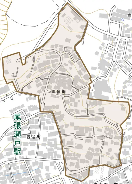窯神町とその周辺の地図。町の範囲を重ねている
