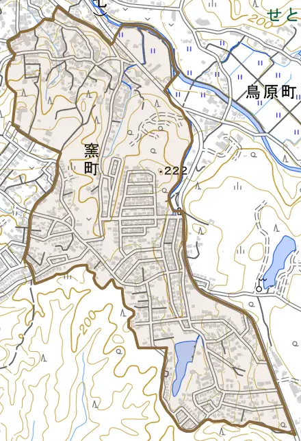 窯町とその周辺の地図。町の範囲を重ねている