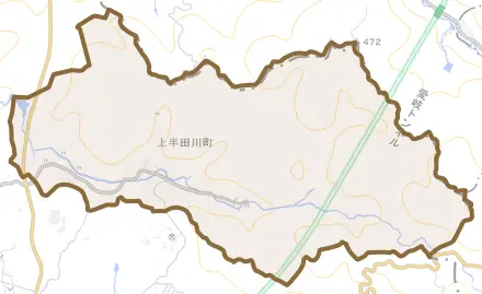 上半田川町とその周辺の地図。町の範囲を重ねている
