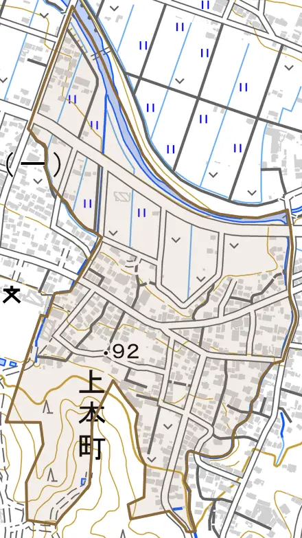 上本町とその周辺の地図。町の範囲を重ねている