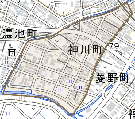 神川町とその周辺の地図。町の範囲を重ねている