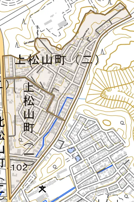 上松山町とその周辺の地図。町の範囲を重ねている
