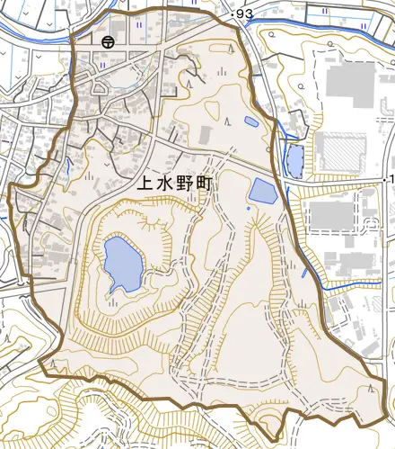 上水野町とその周辺の地図。町の範囲を重ねている