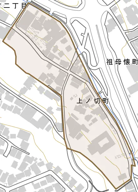 上ノ切町とその周辺の地図。町の範囲を重ねている