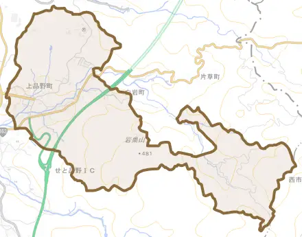 上品野町とその周辺の地図。町の範囲を重ねている