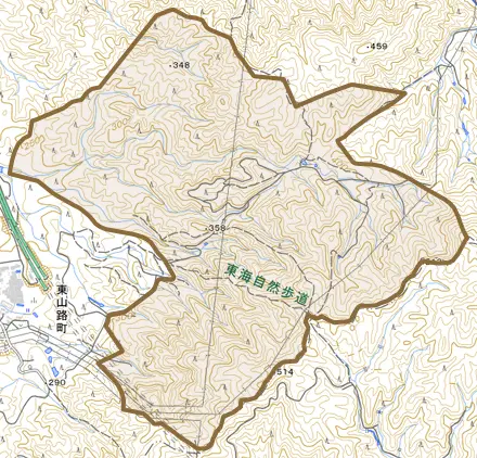上山路町とその周辺の地図。町の範囲を重ねている