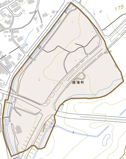 鐘場町とその周辺の地図。町の範囲を重ねている