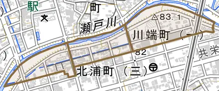 川端町とその周辺の地図。町の範囲を重ねている