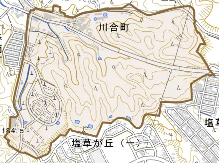 川合町とその周辺の地図。町の範囲を重ねている