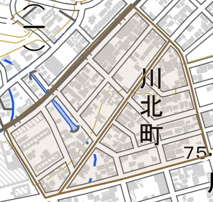 川北町とその周辺の地図。町の範囲を重ねている