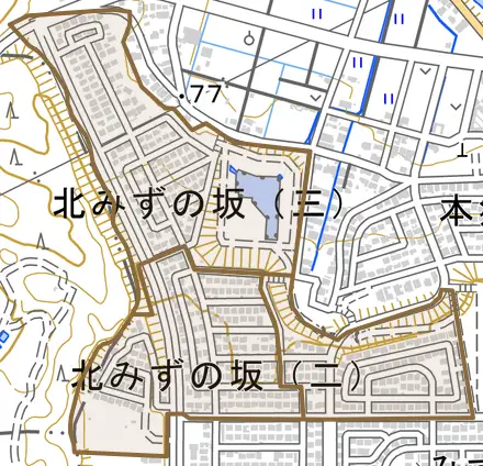北みずの坂とその周辺の地図。町の範囲を重ねている
