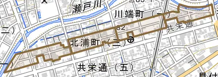 北浦町とその周辺の地図。町の範囲を重ねている