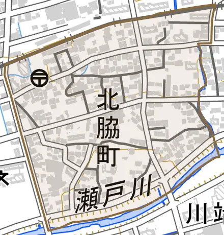 北脇町とその周辺の地図。町の範囲を重ねている