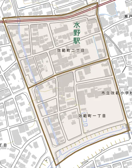 效範町とその周辺の地図。町の範囲を重ねている