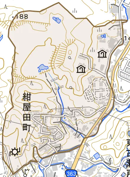 紺屋田町とその周辺の地図。町の範囲を重ねている