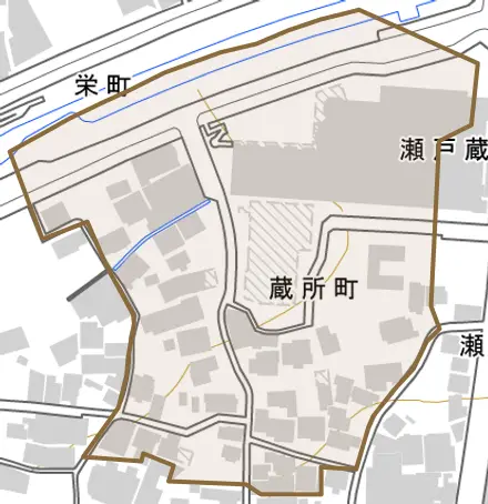 蔵所町とその周辺の地図。町の範囲を重ねている