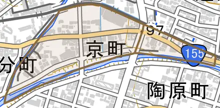 京町とその周辺の地図。町の範囲を重ねている
