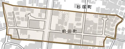 前田町とその周辺の地図。町の範囲を重ねている