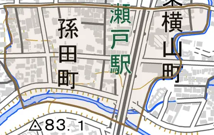 孫田町とその周辺の地図。町の範囲を重ねている