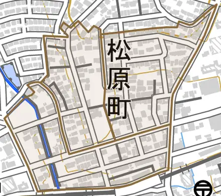 松原町とその周辺の地図。町の範囲を重ねている