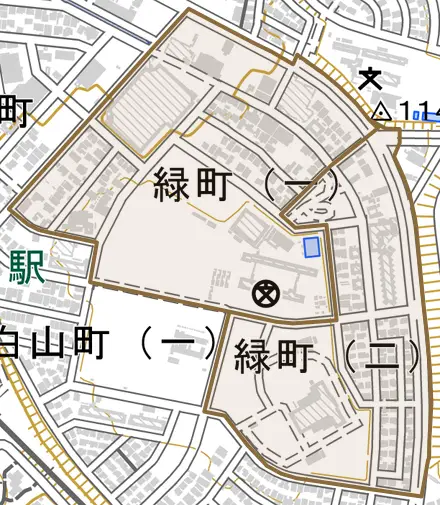 緑町とその周辺の地図。町の範囲を重ねている