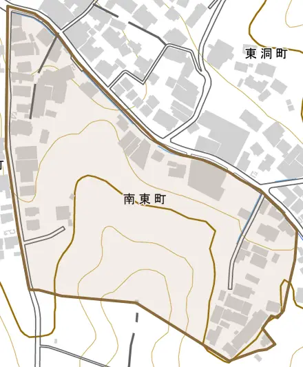 南東町とその周辺の地図。町の範囲を重ねている