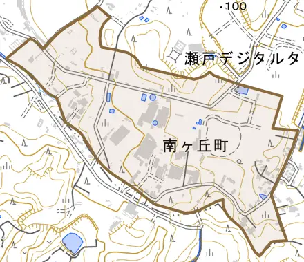 南ケ丘町とその周辺の地図。町の範囲を重ねている