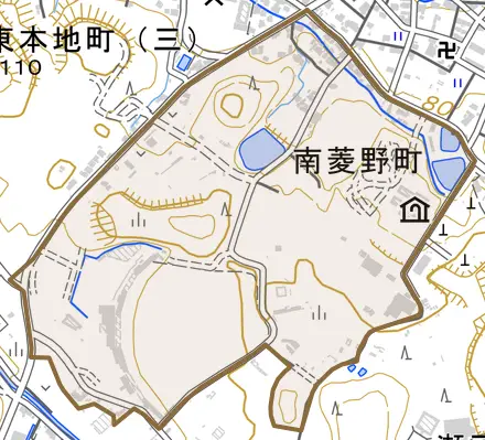南菱野町とその周辺の地図。町の範囲を重ねている
