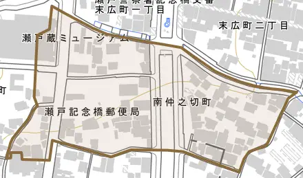南仲之切町とその周辺の地図。町の範囲を重ねている