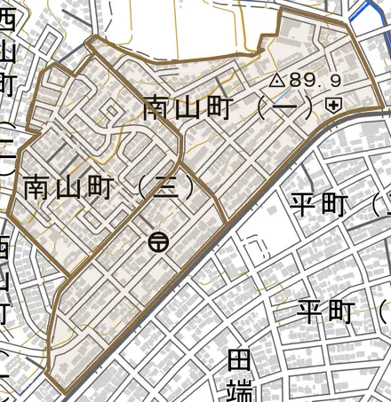 南山町とその周辺の地図。町の範囲を重ねている