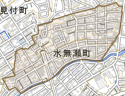 水無瀬町とその周辺の地図。町の範囲を重ねている
