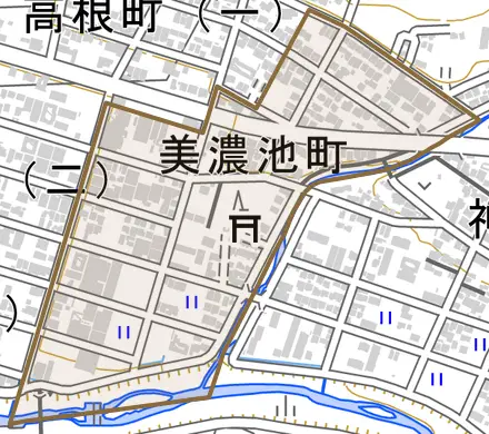 美濃池町とその周辺の地図。町の範囲を重ねている