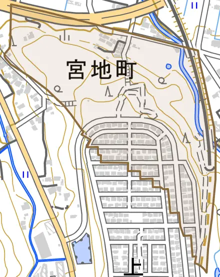 宮地町とその周辺の地図。町の範囲を重ねている
