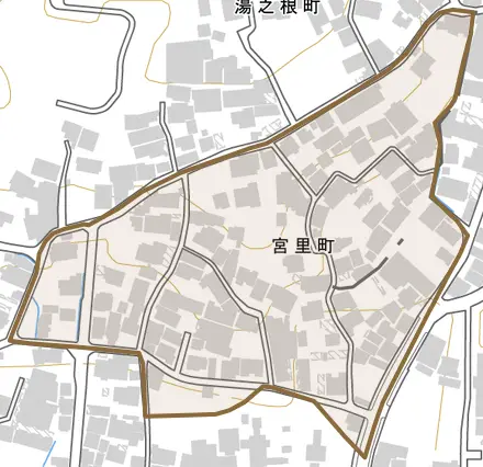 宮里町とその周辺の地図。町の範囲を重ねている