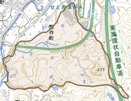 門前町とその周辺の地図。町の範囲を重ねている