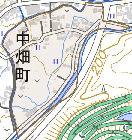 中畑町とその周辺の地図。町の範囲を重ねている