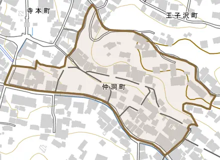 仲洞町とその周辺の地図。町の範囲を重ねている