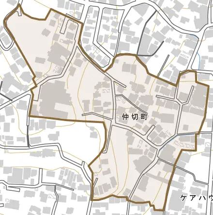 仲切町とその周辺の地図。町の範囲を重ねている