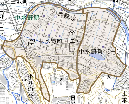 中水野町とその周辺の地図。町の範囲を重ねている