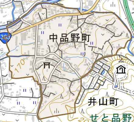 中品野町とその周辺の地図。町の範囲を重ねている