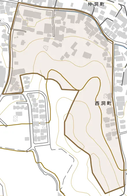 西洞町とその周辺の地図。町の範囲を重ねている
