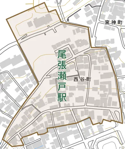 西谷町とその周辺の地図。町の範囲を重ねている