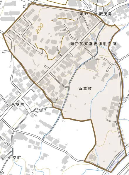 西窯町とその周辺の地図。町の範囲を重ねている