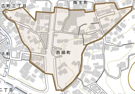 西郷町とその周辺の地図。町の範囲を重ねている