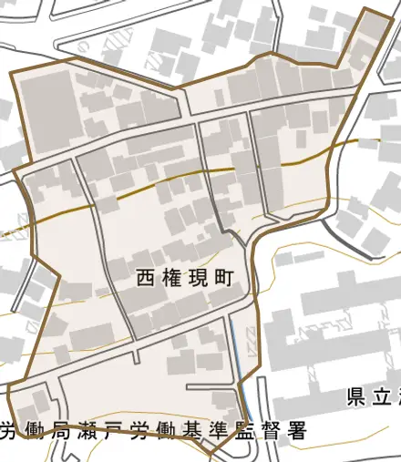 西権現町とその周辺の地図。町の範囲を重ねている