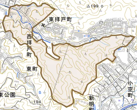 西拝戸町とその周辺の地図。町の範囲を重ねている