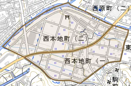 西本地町とその周辺の地図。町の範囲を重ねている