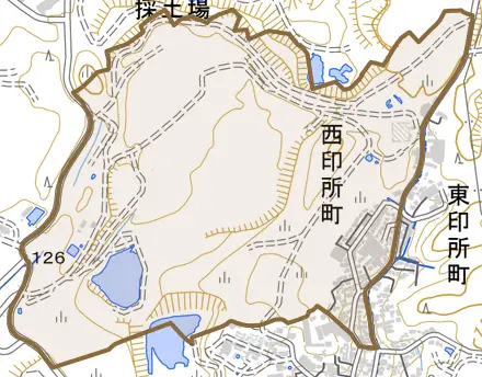 西印所町とその周辺の地図。町の範囲を重ねている